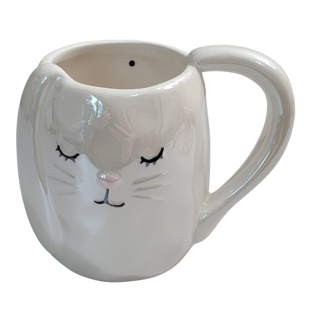 Tag Bunny Coffee Mug White Iridescent Ceramic Sleepy Rabbit Polka Dot Interior